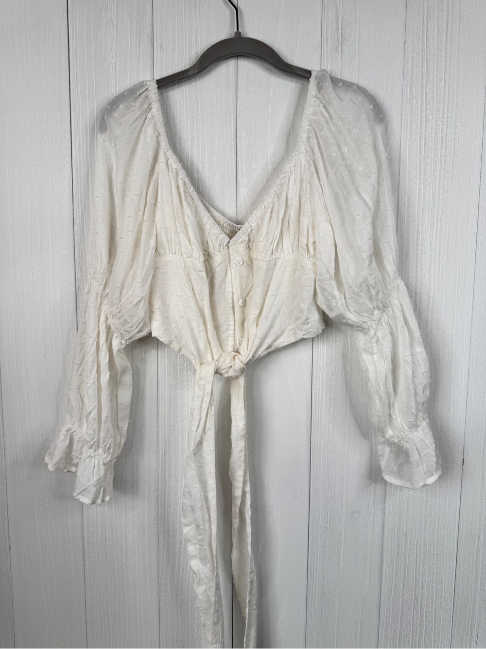 O.Vianca White Sheer Swiss Dot Cropped Tie-Front Cropped Top Blouse M